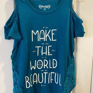 Mudd Teal Cold-Shoulder Graphic Camisole - Teal with White Print